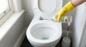 Mano con guanto giallo versa aceto bianco nel water aperto per pulizia e deodorazione del WC