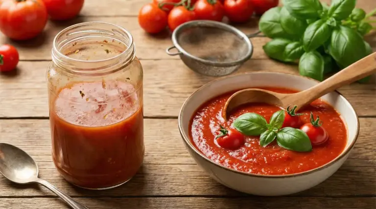 Salsa di pomodoro in barattolo e in ciotola con basilico e pomodorini su tavolo di legno