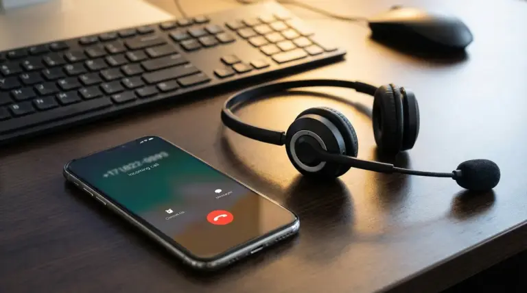 Smartphone con chiamata in arrivo su scrivania accanto a cuffie con microfono e tastiera, tema call center e truffe.