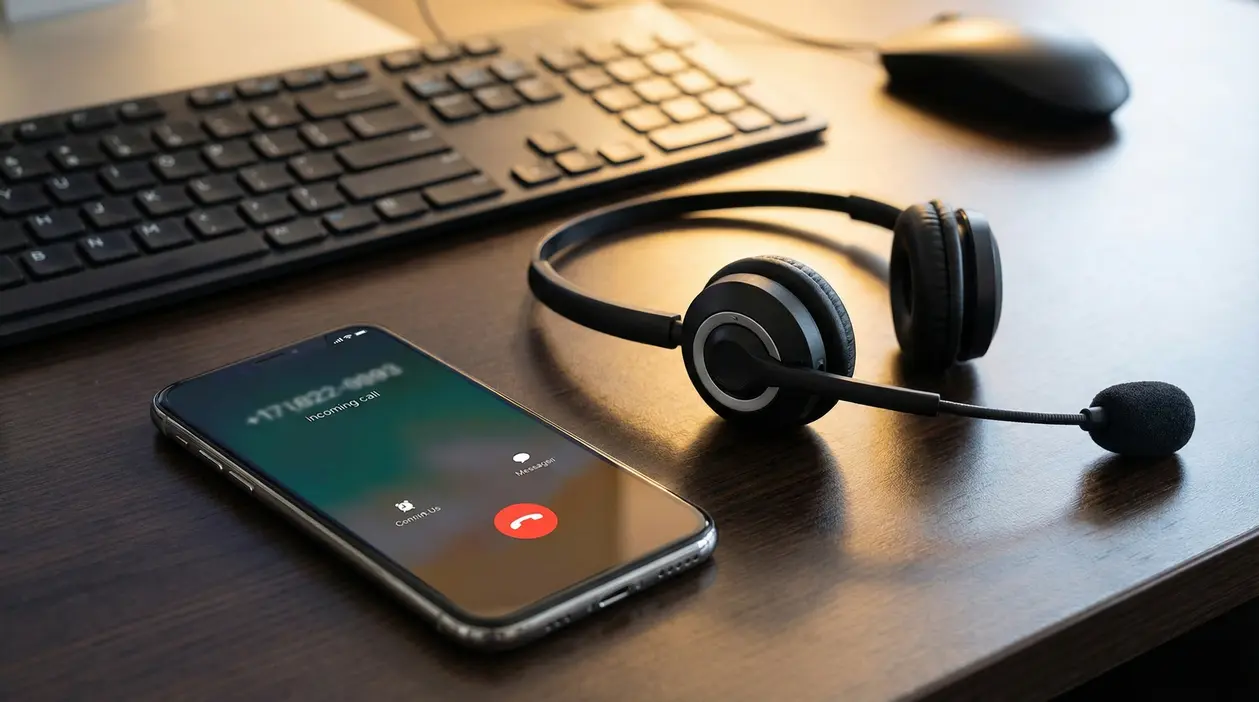 Smartphone con chiamata in arrivo su scrivania accanto a cuffie con microfono e tastiera, tema call center e truffe.