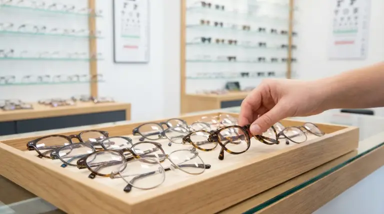 Mano che sceglie un paio di occhiali da vista su un vassoio in un negozio di ottica