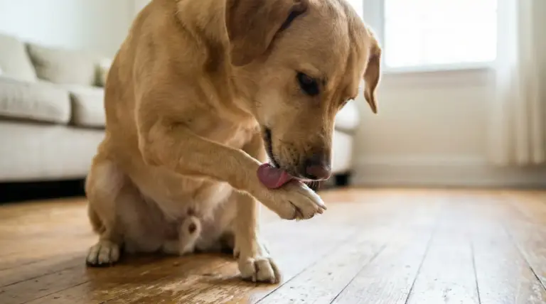 Cane in casa che si lecca insistentemente una zampa, possibile segnale di prurito o irritazione