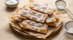 Chiacchiere di Carnevale croccanti spolverate di zucchero a velo su tagliere di legno