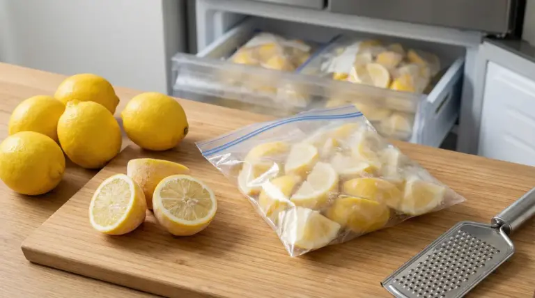 Limoni interi e a spicchi in un sacchetto freezer su tagliere, con cassetto del congelatore aperto sullo sfondo