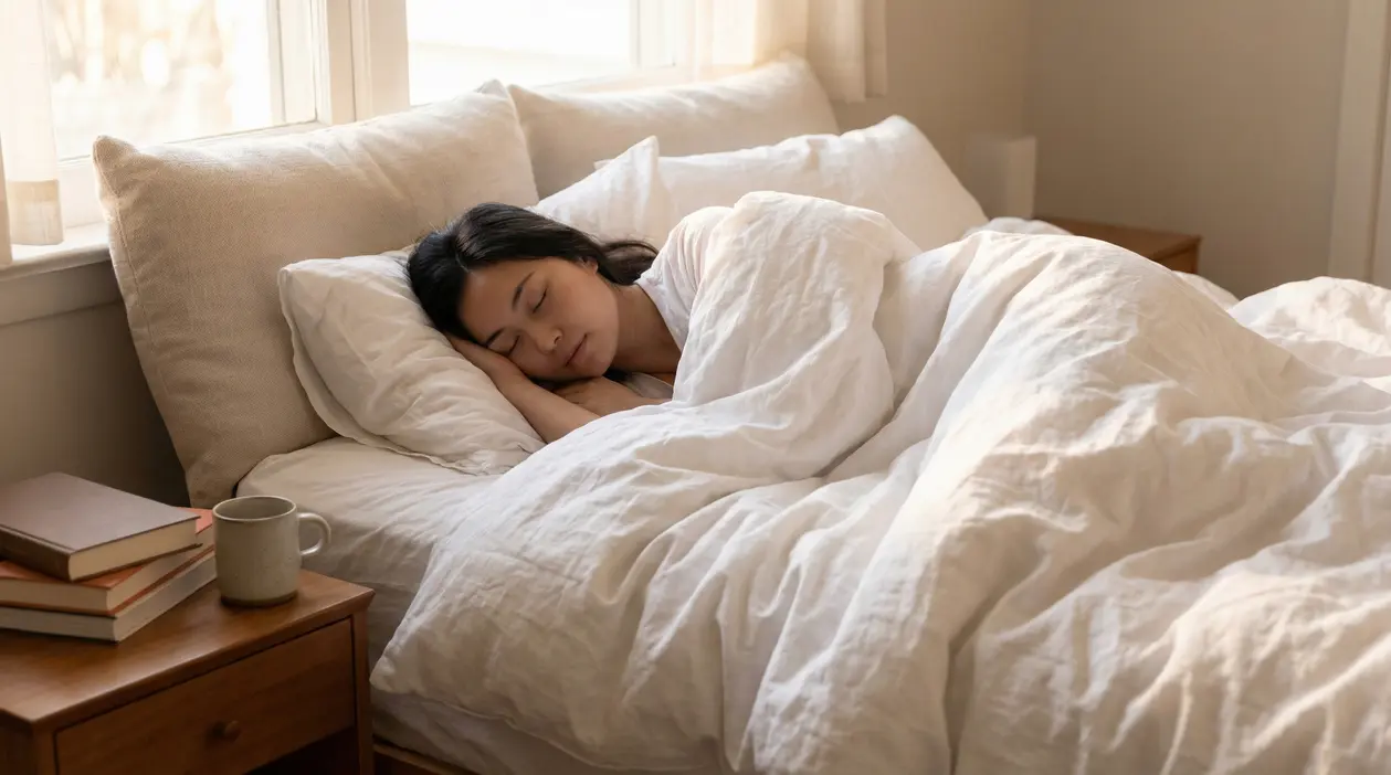Persona che dorme serenamente in un letto con lenzuola bianche, in una camera luminosa al mattino