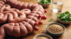 Illustrazione del colon con diverticoli, accanto a acqua, spinaci e cereali integrali su un tavolo