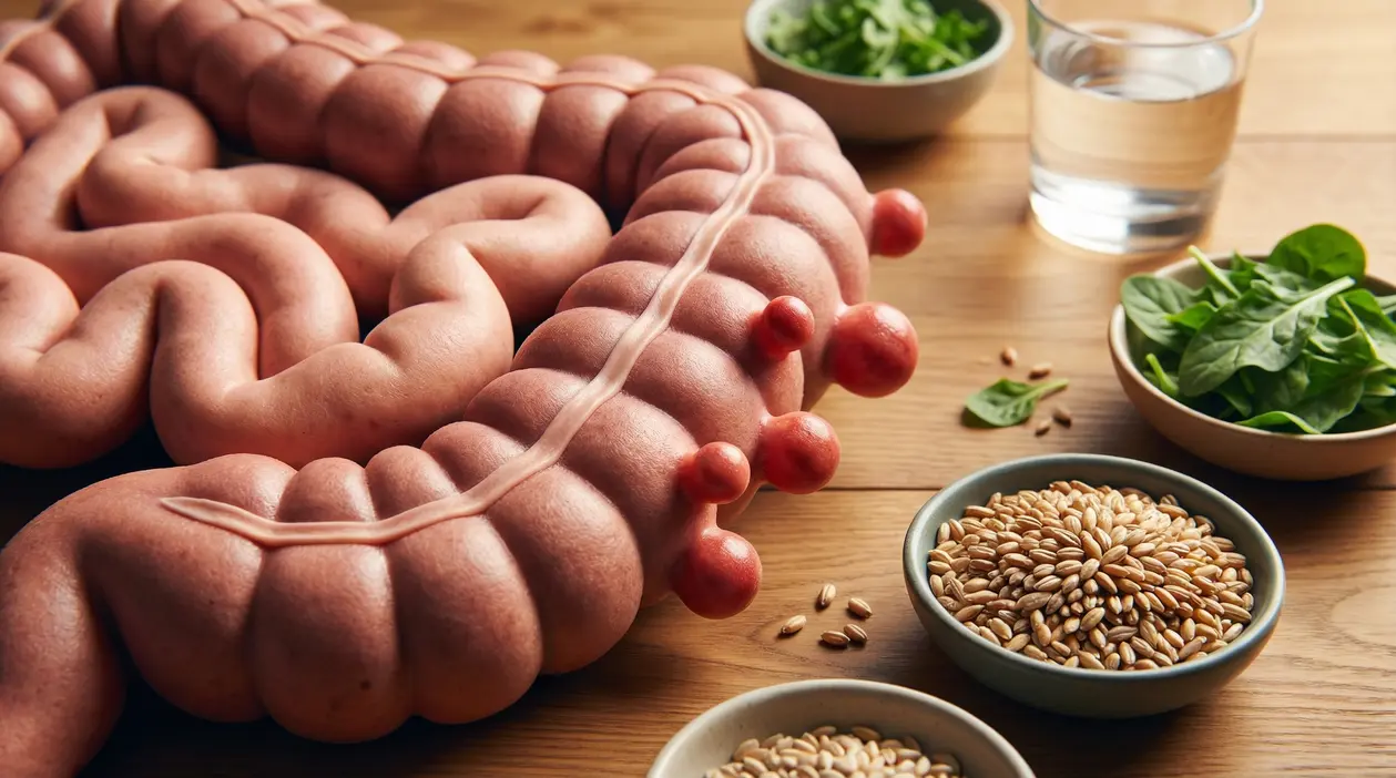 Illustrazione del colon con diverticoli, accanto a acqua, spinaci e cereali integrali su un tavolo