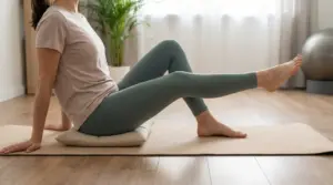 Persona seduta su un tappetino mentre estende una gamba, esercizio dolce per il dolore al ginocchio a casa