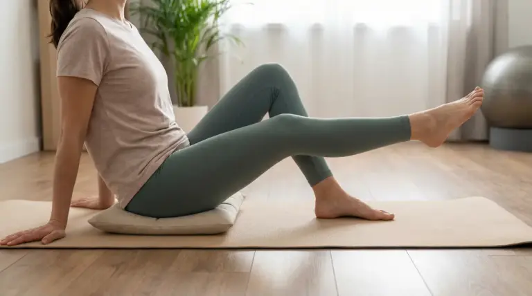 Persona seduta su un tappetino mentre estende una gamba, esercizio dolce per il dolore al ginocchio a casa