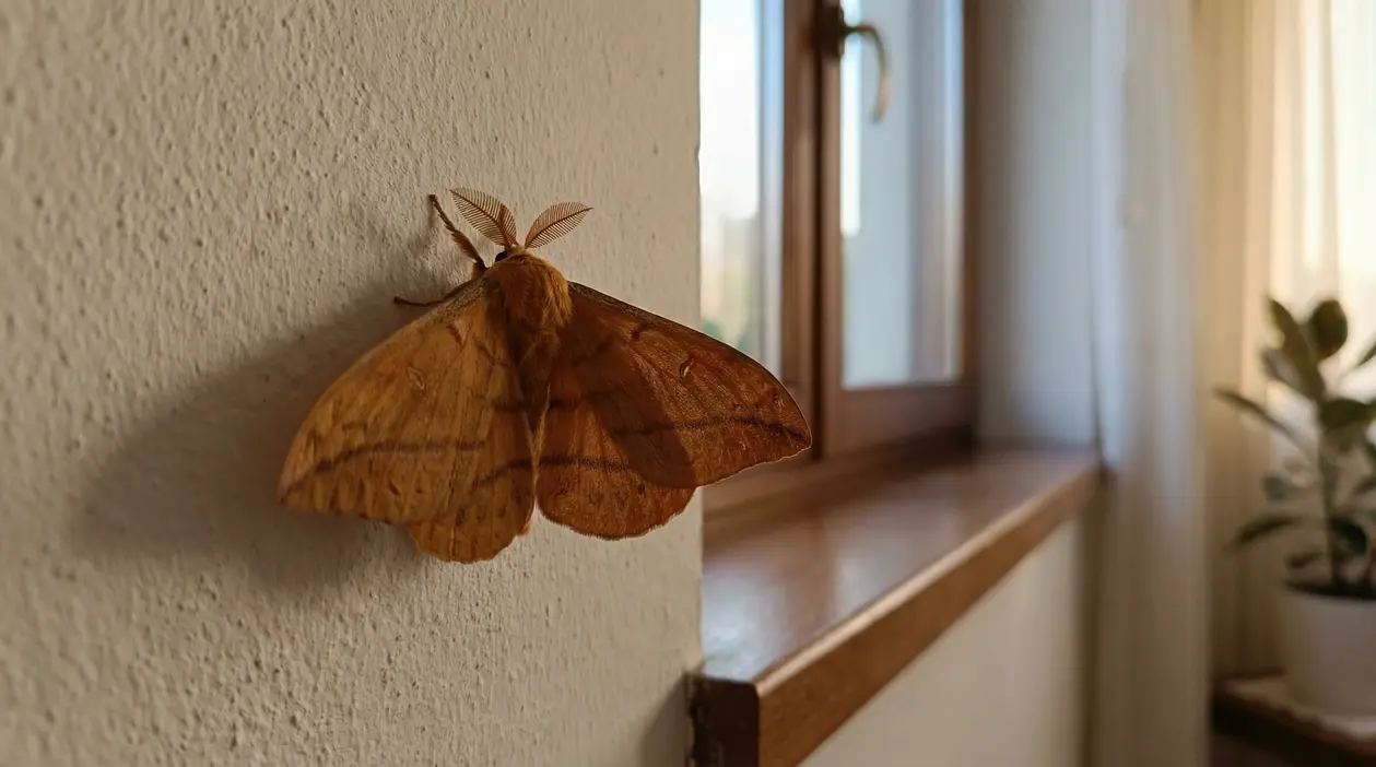 Falena marrone posata su una parete interna vicino a una finestra, illuminata dalla luce naturale