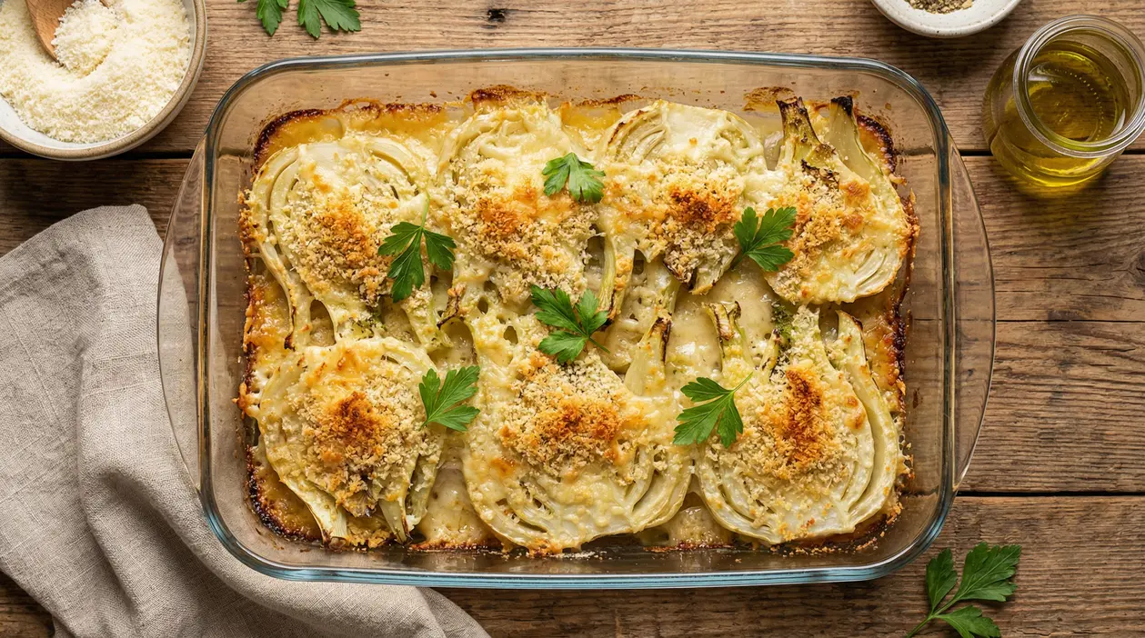 Finocchi al forno gratinati in teglia di vetro, con crosticina dorata e prezzemolo su tavolo di legno
