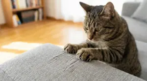 Gatto tigrato che graffia il bracciolo di un divano in tessuto, lasciando segni sul mobile