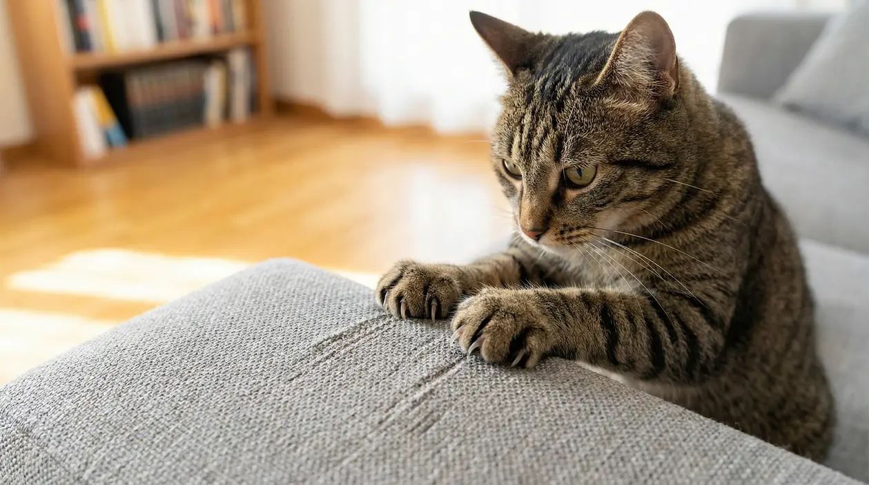 Gatto tigrato che graffia il bracciolo di un divano in tessuto, lasciando segni sul mobile