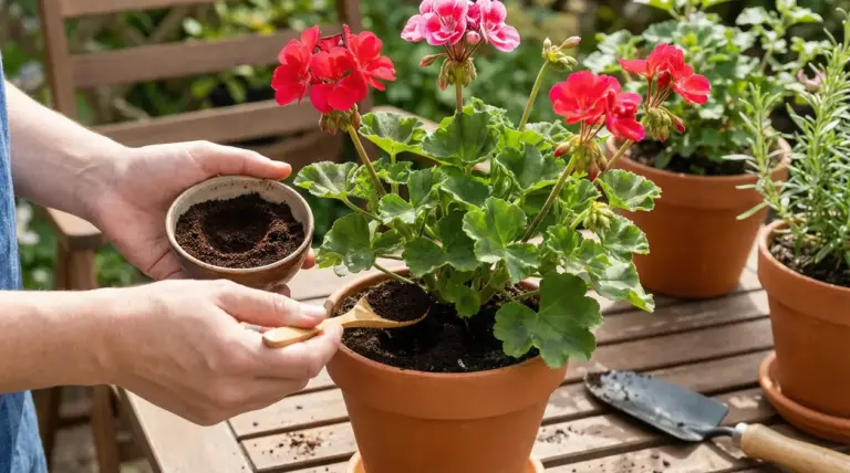 Mani che spargono fondo di caffè in un vaso di gerani in fiore su un tavolo da giardino