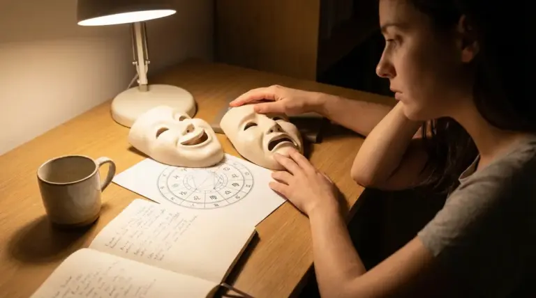 Persona al tavolo con due maschere teatrali e un tema natale zodiacale, simbolo di sbalzi dumore
