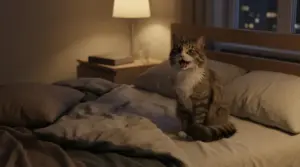 Gatto che miagola sul letto di notte in camera da letto illuminata da una lampada