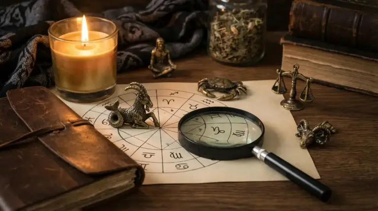 Tema astrologico con ruota zodiacale, candela accesa e lente d’ingrandimento su un tavolo, tra oggetti simbolici
