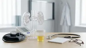 Modello anatomico dei reni e campione di urina su scrivania medica con misuratore di pressione e stetoscopio