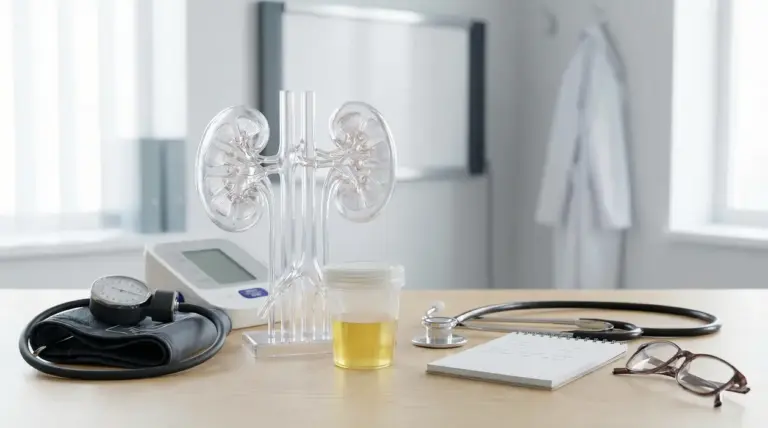 Modello anatomico dei reni e campione di urina su scrivania medica con misuratore di pressione e stetoscopio