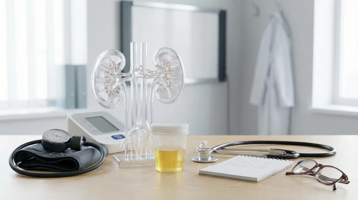 Modello anatomico dei reni e campione di urina su scrivania medica con misuratore di pressione e stetoscopio