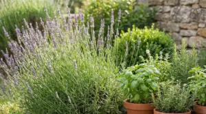 Lavanda in fiore e aromatiche in vaso (basilico e rosmarino) in giardino, ideali per profumare e tenere lontane le zanzare