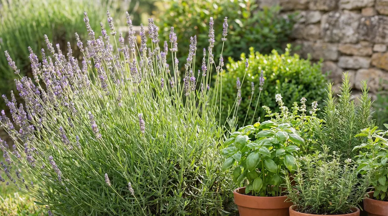 Lavanda in fiore e aromatiche in vaso (basilico e rosmarino) in giardino, ideali per profumare e tenere lontane le zanzare