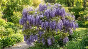 Glicine in fiore a forma di piccolo albero, con grappoli viola pendenti, in un giardino verde e soleggiato