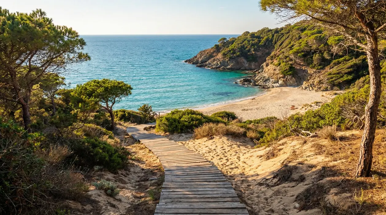 Sentiero in legno tra dune e pini che scende a una caletta sabbiosa con mare turchese sulla costa toscana