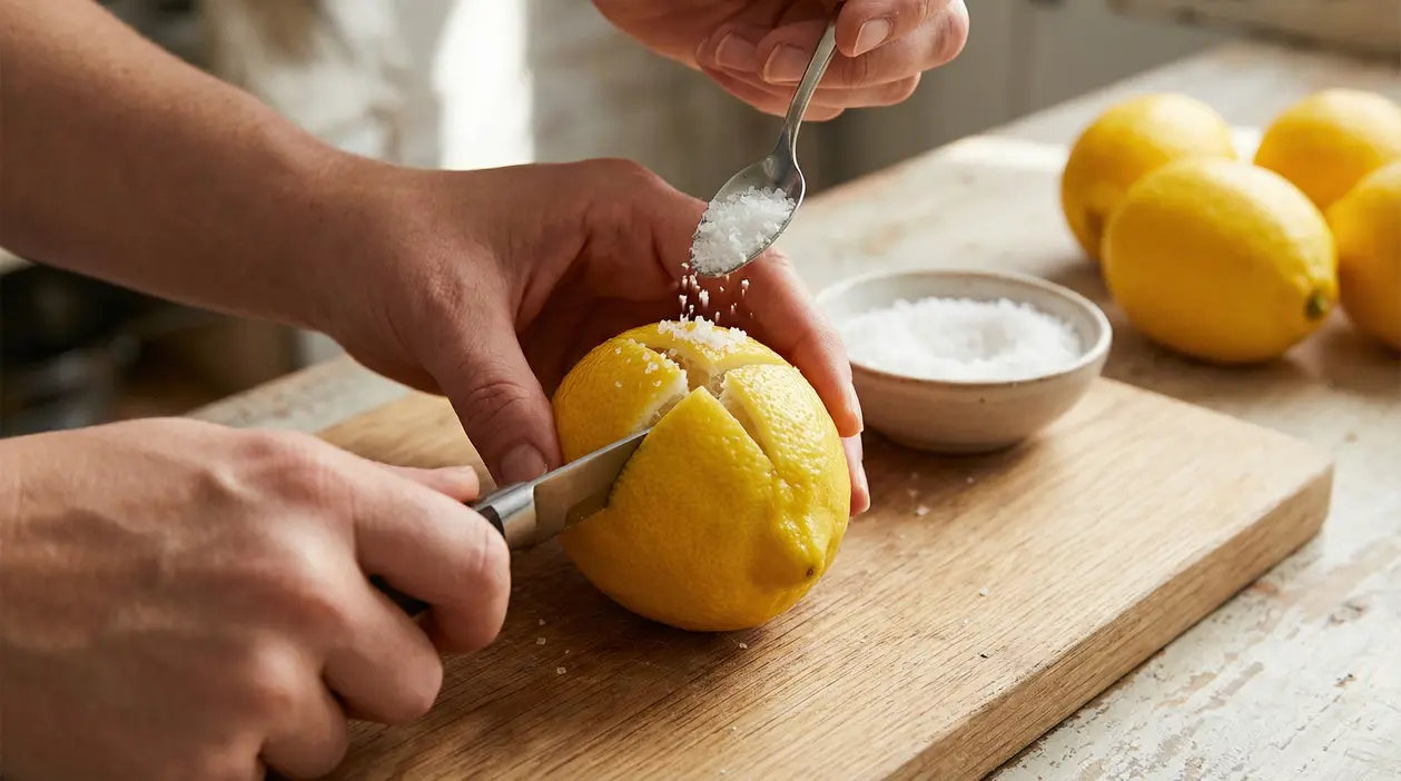 Mani che incidono un limone a croce e lo riempiono di sale su un tagliere in cucina