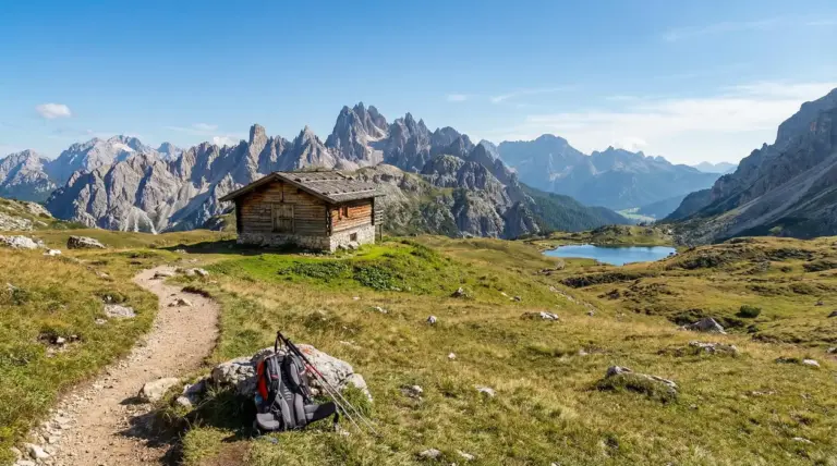 Sentiero di montagna con zaino, baita in legno e lago alpino sullo sfondo, tra cime rocciose sotto cielo sereno