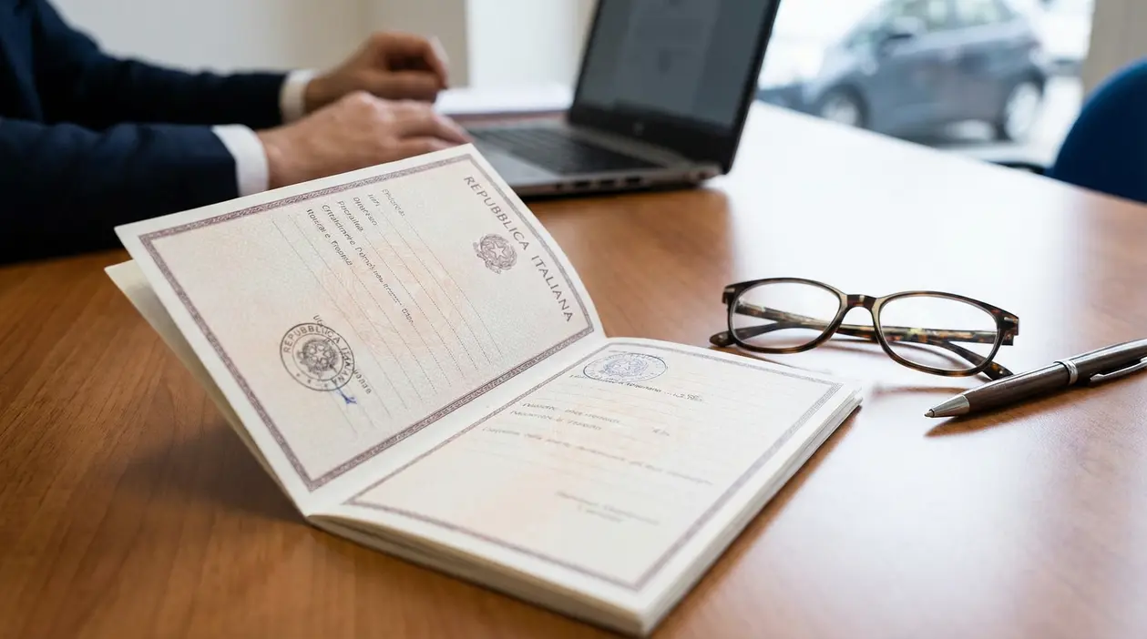 Documento ufficiale su scrivania con laptop, occhiali e penna, in contesto di pratica per agevolazioni legge 104