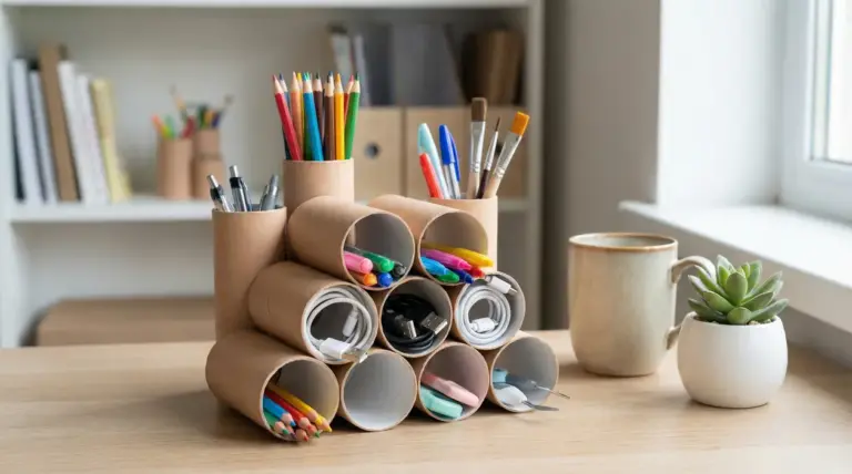 Organizer da scrivania con rotoli di carta igienica riciclati per penne, matite, pennarelli e cavi