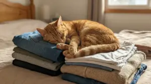 Gatto arancione che dorme sopra una pila di vestiti piegati sul letto
