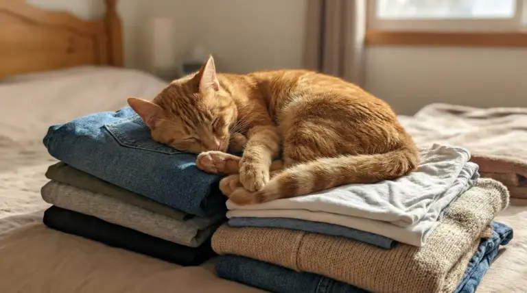 Gatto arancione che dorme sopra una pila di vestiti piegati sul letto