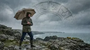 Una persona con ombrello sotto la pioggia su scogliere sul mare, con simboli zodiacali sullo sfondo