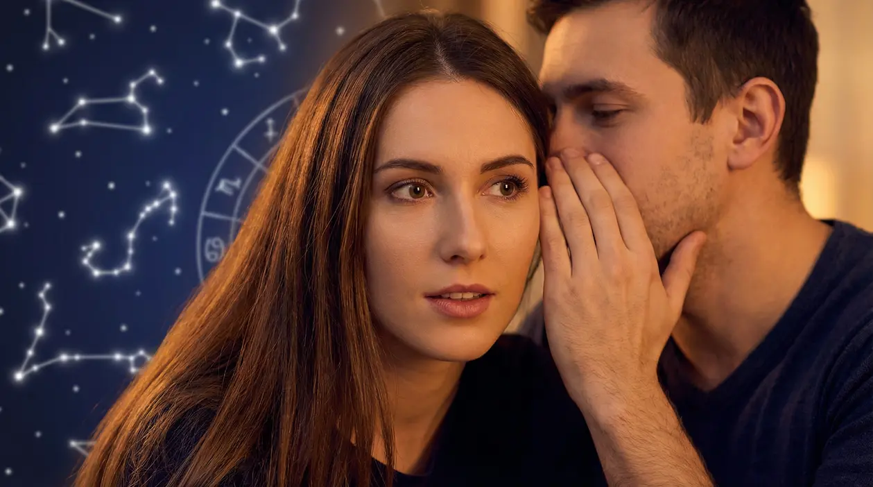 Uomo che sussurra a una donna con costellazioni zodiacali sullo sfondo, tema segni zodiacali bugiardi