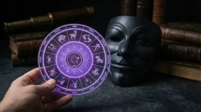 Mano che tiene una ruota dello zodiaco luminosa davanti a una maschera scura e libri antichi sullo sfondo
