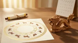 Ruota dei segni dello zodiaco cinese su un foglio con una statuetta di drago e un calendario sul tavolo