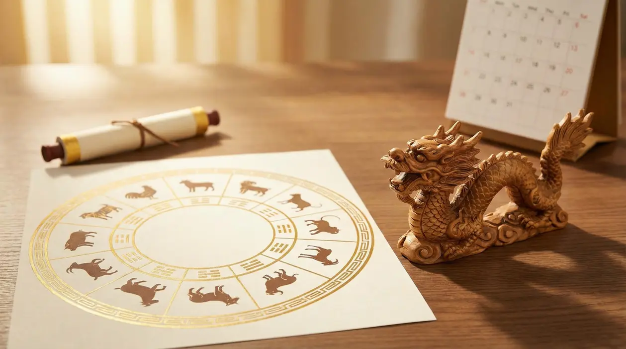 Ruota dei segni dello zodiaco cinese su un foglio con una statuetta di drago e un calendario sul tavolo