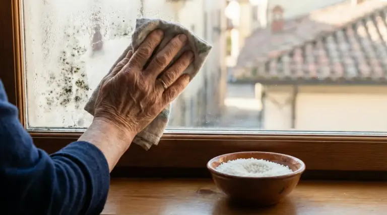 Mano che pulisce un vetro con muffa e condensa usando un panno; sul davanzale una ciotola di riso contro l’umidità