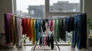 Stendibiancheria in casa davanti a una finestra con pioggia, pieno di vestiti stesi ad asciugare