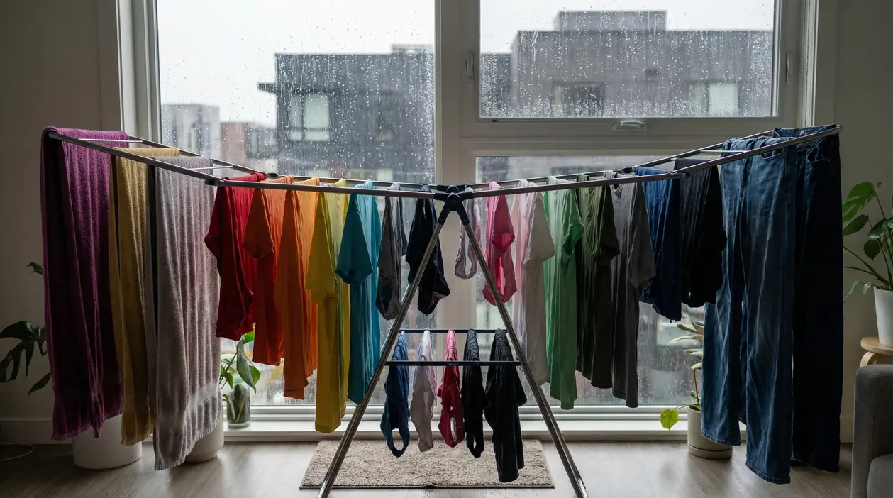 Stendibiancheria in casa davanti a una finestra con pioggia, pieno di vestiti stesi ad asciugare