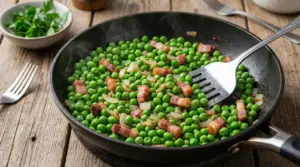 Piselli saltati in padella con cipolla e pancetta, in una padella antiaderente su tavolo di legno