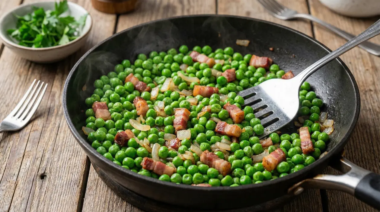 Piselli saltati in padella con cipolla e pancetta, in una padella antiaderente su tavolo di legno
