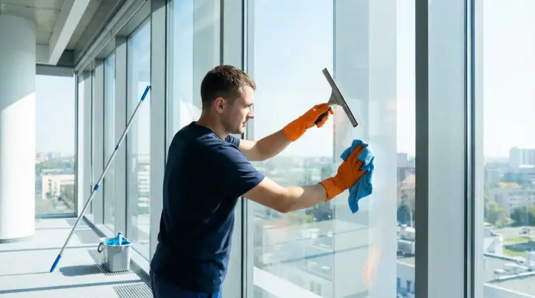 Addetto alle pulizie lava grandi vetrate con tergivetro e panno in microfibra, per vetri senza aloni