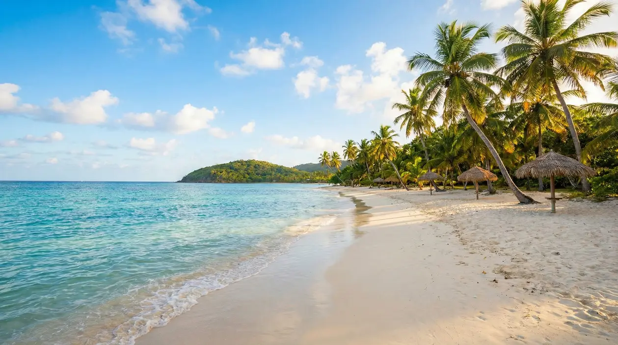 Spiaggia tropicale con palme e mare turchese, sabbia chiara e ombrelloni in paglia in una baia tranquilla