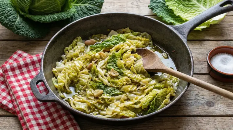 Verza stufata in padella con aglio e olio, servita in padella di ghisa su tavolo rustico