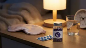 Integratori in capsule e compresse con bicchiere d’acqua sul comodino, accanto a mascherina per dormire e lampada