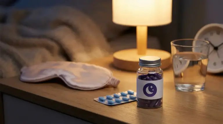 Integratori in capsule e compresse con bicchiere d’acqua sul comodino, accanto a mascherina per dormire e lampada