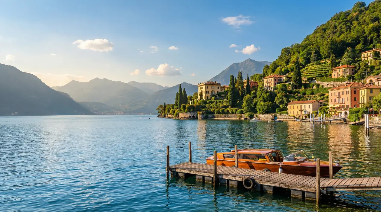 Vista di un lago italiano con montagne, borgo sul lungolago e barca in legno attraccata al molo